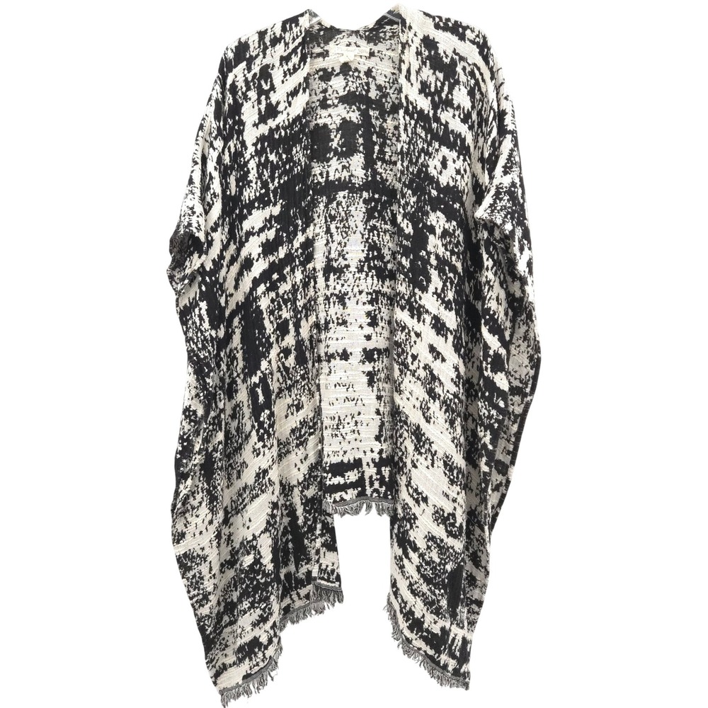 Michael Stars Kimono Wrap Women OS Black White Abstract Fringe Boho Cardigan